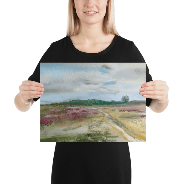 Heather field Giclee print Calm landscape Heather art Scotland Pastel art Paper print Floral poster