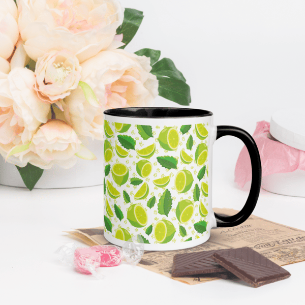 Lime Slices & Green Leaves Seamless Pattern Coffee Mug with Color Inside