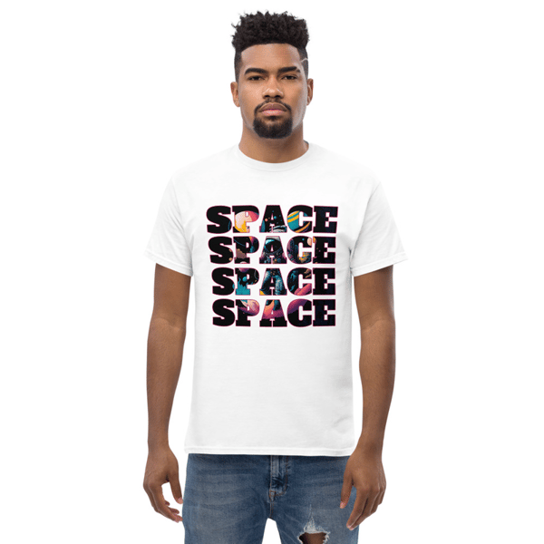 Space Inscription Astronaut With Balloons in Space Men's classic tee