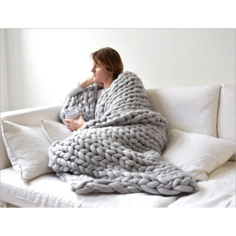 Soft and Lightweight Handmade Chunky Knit Blanket, Acrylic & Polyester Fabric, Comfortable All Year Round grey