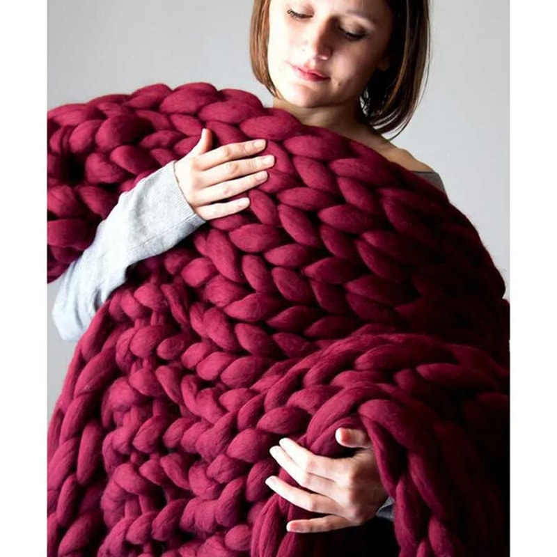 Soft and Lightweight Handmade Chunky Knit Blanket, Acrylic & Polyester Fabric, Comfortable All Year Round Burgundy