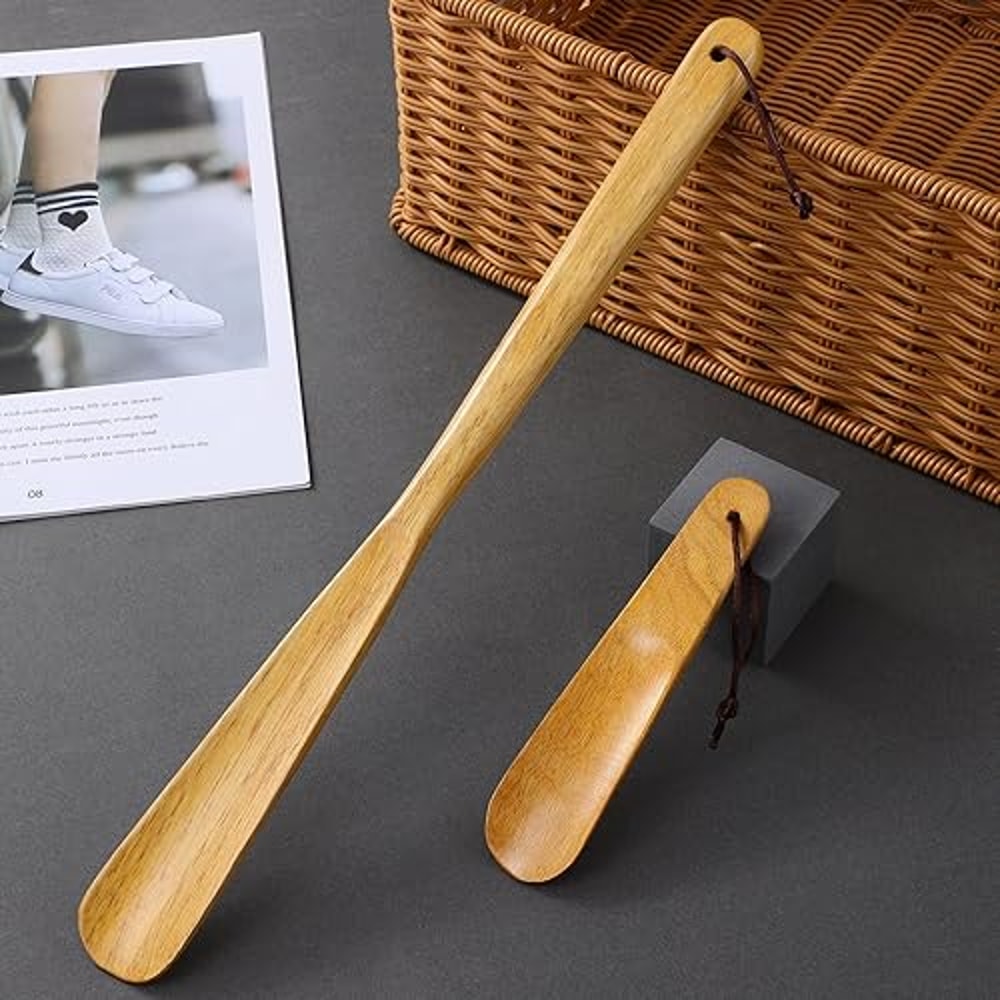 Set Of 2 Durable Wooden Shoe Horns Long Handle Shoe Lifters 0