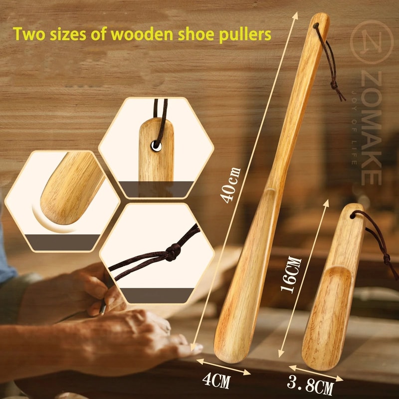 Set Of 2 Durable Wooden Shoe Horns Long Handle Shoe Lifters 3