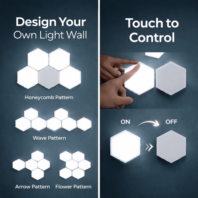 Hexagon Modular Touch LED Tile Lights, Customizable Magnetic Wall Decor (Set of 5)