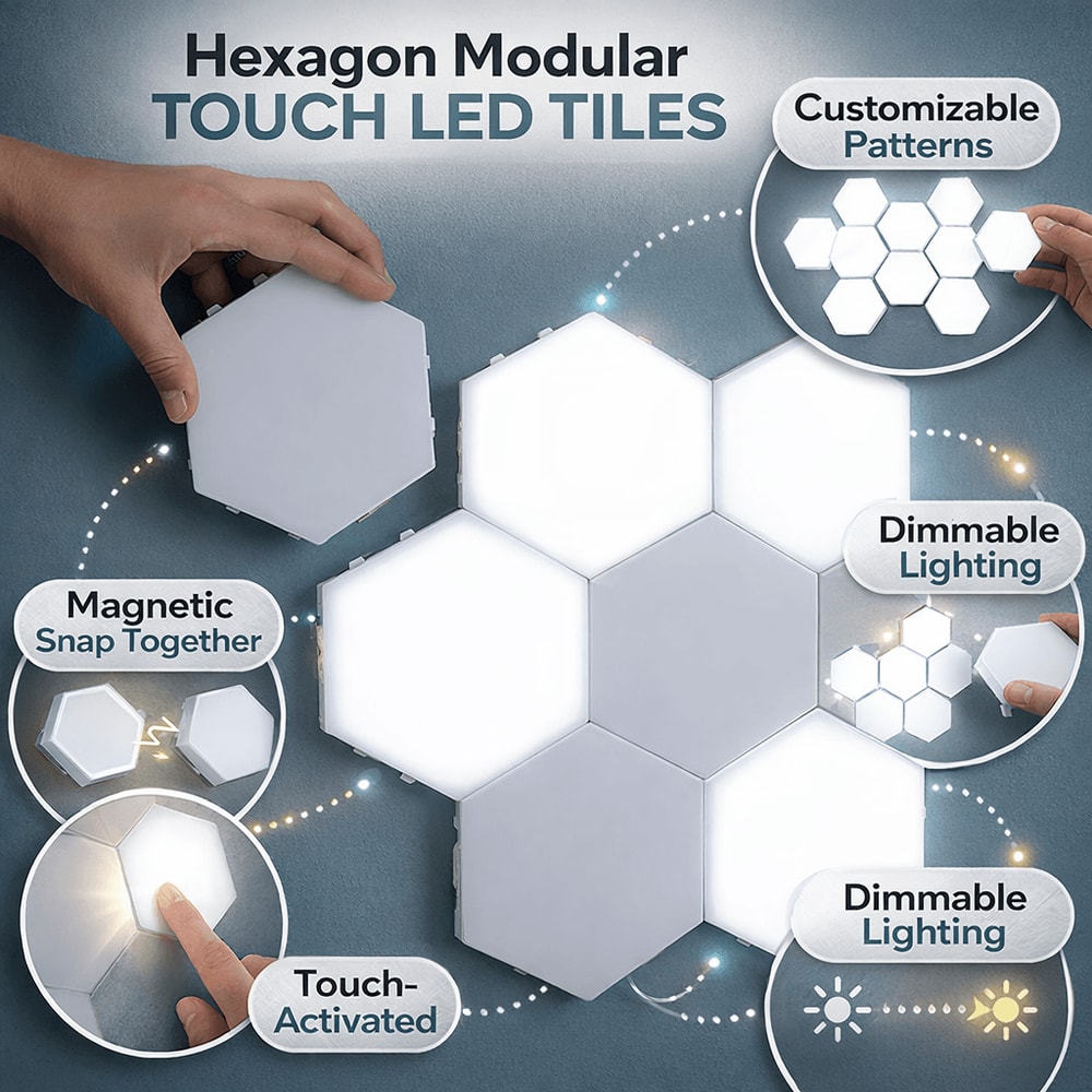 Hexagon Modular Touch LED Tile Lights Customizable Magnetic Wall Decor Set Of 5 1