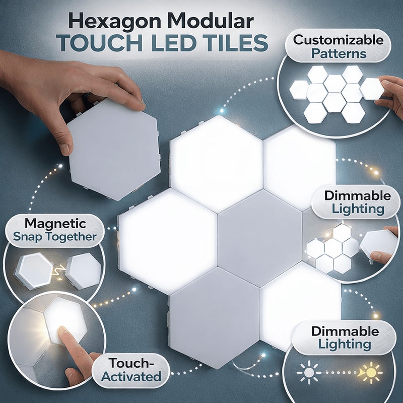 Hexagon Modular Touch LED Tile Lights Customizable Magnetic Wall Decor Set Of 5 1