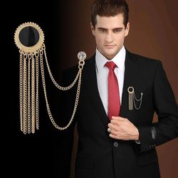 mens black tassel corsage brooch – metal rhinestone collar pin for suit & shirt jewelry