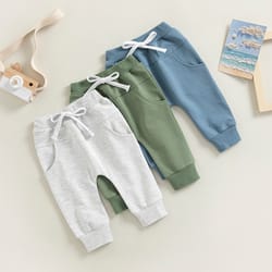 baby boys jogger trousers, elastic waist sweatpants with drawstring & pockets, solid casual pants for spring