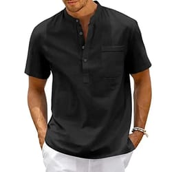 mens cotton linen shirt henley neck pocket casual short sleeve solid color summer tops t-shirts vintage beachwear