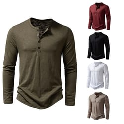 mens autumn cotton button long sleeve henley neck t-shirt, casual solid color breathable slim fashion versatile