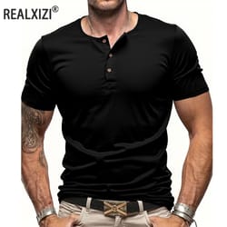 solid color mens short sleeve henley neck t-shirt, slim fit male tops, button neck casual cozy tshirt streetwear