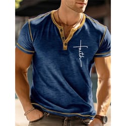 mens summer faith letter 3d print henley shirts, fashion streetwear oversized short sleeve button t shirt, stylish tees