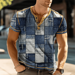 mens summer color block vintage henley shirts, casual patchwork 3d print short sleeve button-down t shirt, fashion tees