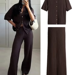 vintage brown knitted loose pants set women short sleeve lapel cardigan straight trousers elegant fashion suit