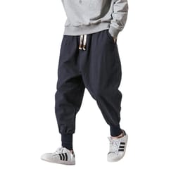 mens cotton linen harem pants, elastic waist joggers, baggy drop-crotch streetwear trousers, solid casual pants