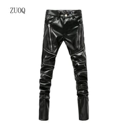 high street fashion pu leather pants for men, new winter skinny biker motorcycle trousers male stage club wear