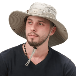 summer men bucket hat, outdoor uv protection wide brim panama safari hunting hiking mesh fisherman beach sunscreen cap
