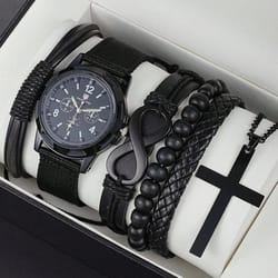 fashionable pu leather beaded bracelet with mechanical watch & cross pendant necklace