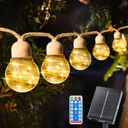 solar outdoor string lights, 20bulbs rope hemp patio lights, warm white waterproof solar garden decor lighting