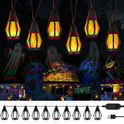 solar halloween lights led flame, outdoor string lights with 10 flickering flame bulb, yard patio decorations