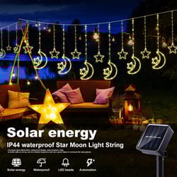 solar moon star led decor light, outdoor waterproof curtain lights, 8 modes string light for ramadan hanging decor
