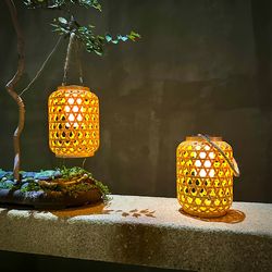 solar imitation bamboo lantern outdoor, courtyard decoration garden light, waterproof plastic rattan lantern