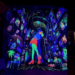 retrowave tapestry "kiss on the rave" blacklight backdrop trippy art psychedelic decor love poster uv active cyberpunk
