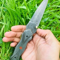 unique gift choice: handmade damascus folding pocket knife with leather - ideal edc for him