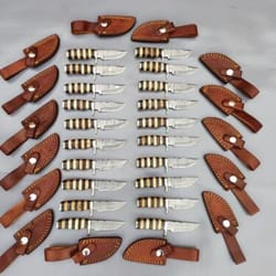 blademaster's collection of 20 custom 6" damascus steel skinner knives with sheaths
