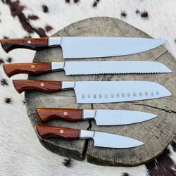 stainless steel 5-piece kitchen knives set with chef, bbq, and butcher knives - rosewood handle