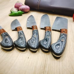handmade damascus chef set - 5 pcs, wooden handle, sheath cover - ideal kitchen gift for anniversary, groomsmen.