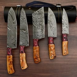 exquisite hand forged damascus chef's knife set - 05 kitchen & bbq knives with free leather sheet - perfect cooking gift