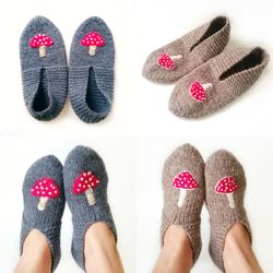Cozy Hand-Knitted Mushroom Embroidered Socks-Slippers for Women, Merino Wool and Alpaca Blend, Warm, Soft, Comfortable.