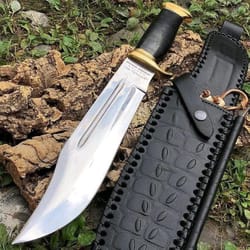 crocodile deep black handle full tang 440c steel mirror polish hrc 58 with black leather sheath