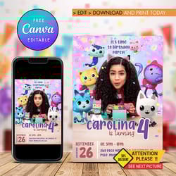 gabbys dollhouse birthday invitation girl editable template canva editable instant download