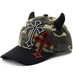 camouflage bull horn baseball hat with handmade diy devil cross cloth embroidery, adjustable duck tongue cap for men