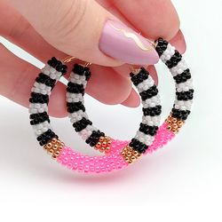 Pink beaded hoop earrings 1.6", Bright hoops