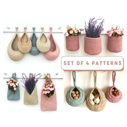 set of 4 crochet patterns, pdf crochet basket pattern, storage hanging basket diy