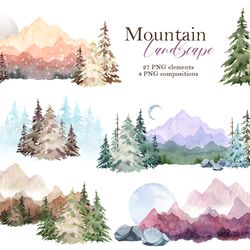 mountain landscape watercolor clipart, conifer, spruce tree png, nature scene creator