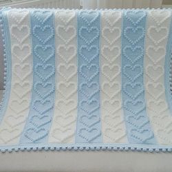 Crochet baby blanket for boy and girl handmade with heart white blue