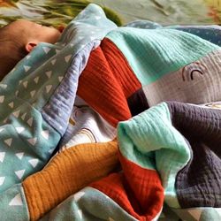 Muslin and plush Minky gender neutral baby blanket, Gray and mint baby quilt unisex, Rainbow patchwork throw blanket