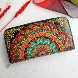 Painted wallet, Long wallet, Real leather womens wallet, Wallet zipper, Mandala wallet, Leather purse, Cash wallet, Boho