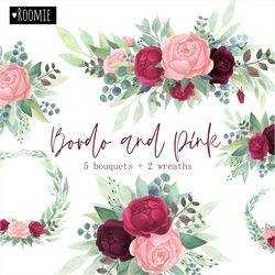peony roses watercolor floral bouquets wreaths, bordo wine pink marsala burgundy flowers, wedding clipart, boho png