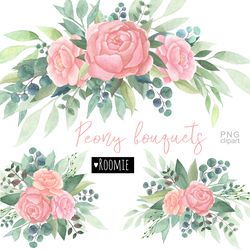 peony roses greenery watercolor pink floral bouquets png clipart, nude flowers wedding clipart boho, wreath flower frame