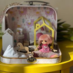 dollhouse in suitcase personalized gift for girl, doll house furniture, gift box, bjd doll miniature, kids room decor
