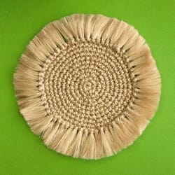crochet table coaster pattern, diy round jute coaster with fringe, boho eco-friendly table coaster pdf, crochet beginner