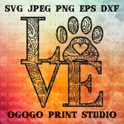 dog paw svg, zentangle svg, heart svg, pet love svg, mandala, handmade