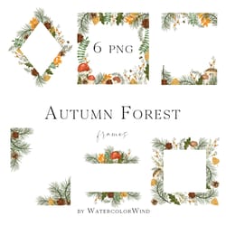 fall forest frames clipart with mushrooms, pine branches