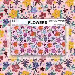 set flowers seamless pattern vector pink digital paper fabric postcards