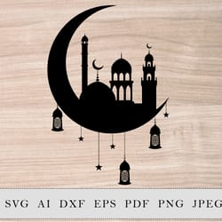 muslim crescent with mosque and lantern